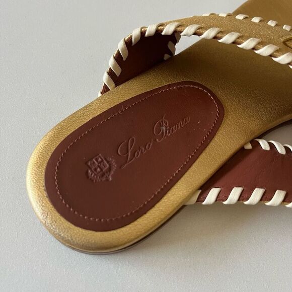 Loro Piana Sandals Leather Metallic Jovis Thong Flip Flop Sandals Gold Size 37.5 - Picture 6 of 8